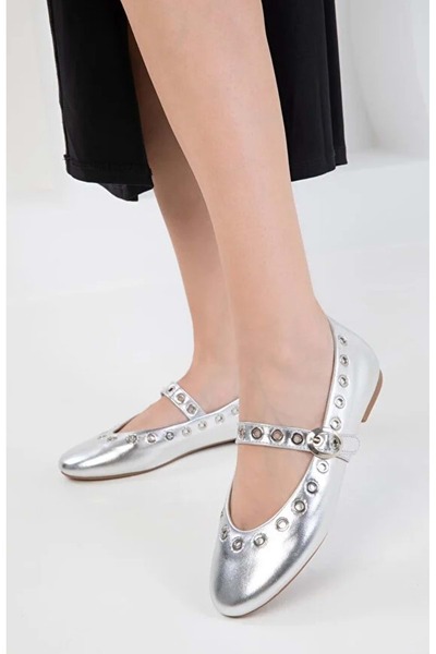KOCAMANLAR Pantofi de balerina pentru femei Feles cu detaliu cu capse ARGINTIU
