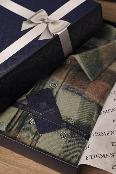 Etikmen Πράσινο καφέ Slimfit Ξυλοκόπος πουκάμισο - Μεταβατικό, Κουτί δώρου