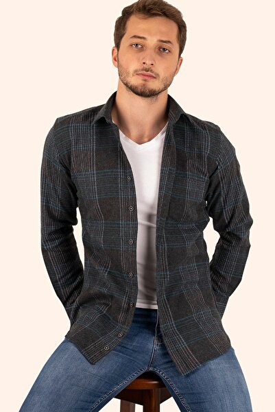 Etikmen Ανοιχτό μαύρο πράσινο ριγέ Slimfit πουκάμισο χειμερινό ξυλοκόπο με κουτί δώρου