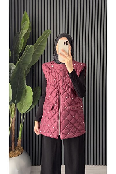 Molly Nelly Women's Stylish Stone Detailed Lined Quilted Midi Vest