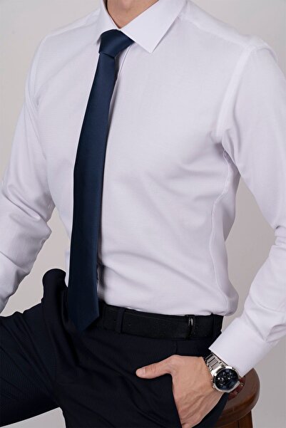 Etikmen White Armure & Navy Blue Plain Gift Boxed Shirt Tie Set