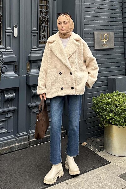 lamelif Belt Detailed Plush Coat Cream