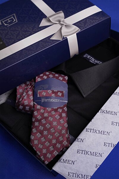 Etikmen Σετ γραβάτα πουκάμισο με μαύρο σατέν & μπορντό τετράγωνο σχέδιο δώρου