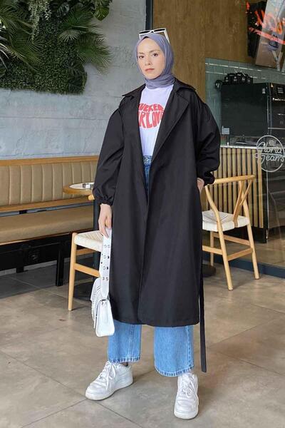 lamelif Μαύρο παλτό - Ελαστική λεπτομέρεια στο μανίκι