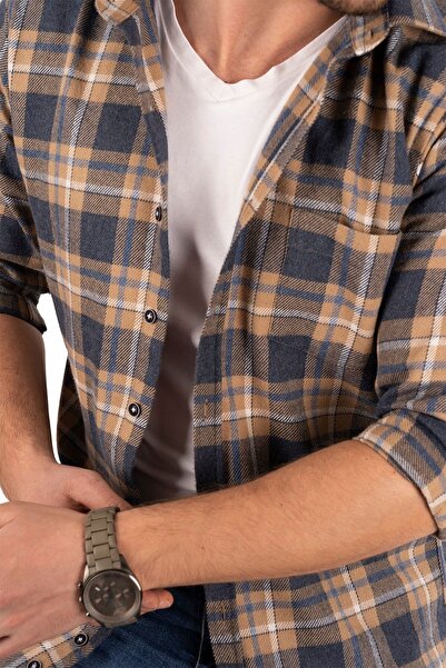 Etikmen Férfi Slimfit favágó ing - mustár sötétkék, ajándékdobozban