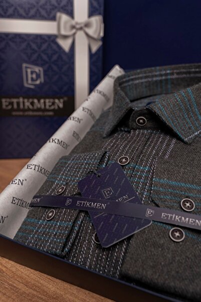 Etikmen Ανοιχτό μαύρο πράσινο ριγέ Slimfit πουκάμισο χειμερινό ξυλοκόπο με κουτί δώρου