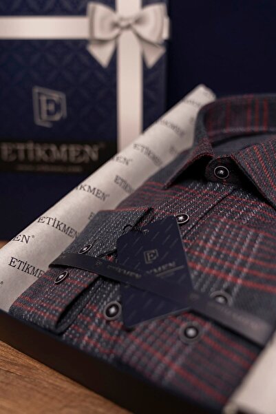 Etikmen Sötétkék piros csíkos karcsú téli favágó ing díszdobozban