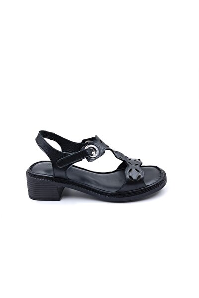 Bulldozer Genuine Leather Velcro Women's Black Heeled Sandals