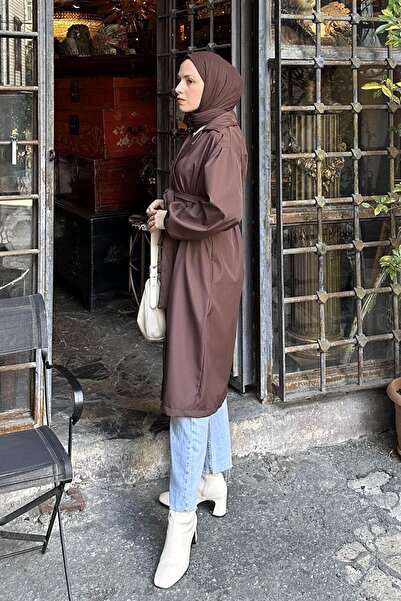 lamelif Bitter Brown Trench Coat - Elastic Sleeve Detail