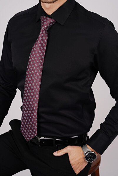 Etikmen Σετ γραβάτα πουκάμισο με μαύρο σατέν & μπορντό τετράγωνο σχέδιο δώρου