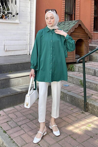 lamelif Πουκάμισο με λεπτομέρεια στο μανίκι Πουκάμισο Oversize Σμαραγδί Πράσινο