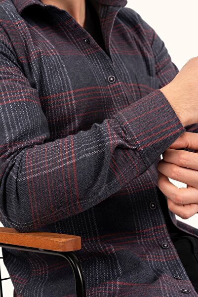 Etikmen Sötétkék piros csíkos karcsú téli favágó ing díszdobozban