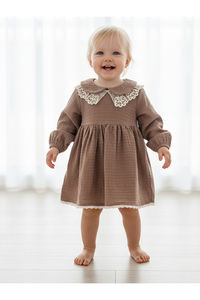 look design BEBEK TÜL DANTEL YAKA DETAYLI KAHVE ELBİSE