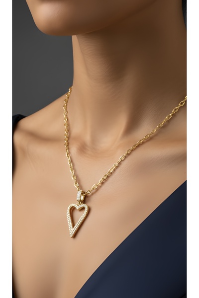 Store Altın Kaplama Büyük Kalp Full Zirkon Taşlı Çelik Kolye