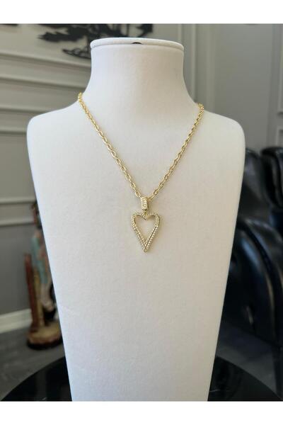 Store Altın Kaplama Büyük Kalp Full Zirkon Taşlı Çelik Kolye