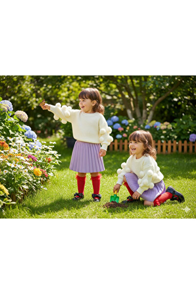 Nimini Kids New Season Flexible Crew Neck Pompom Sweater and Knitwear Pleated Detailed Skirt Top and Bottom Set (2-8 Years Old)