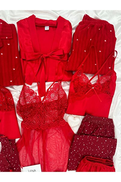 Lena Homewears 11 Pieces Red Satin Giant Sleepwear Set - Nightgown and Dressing Gown Lingerie Dowry