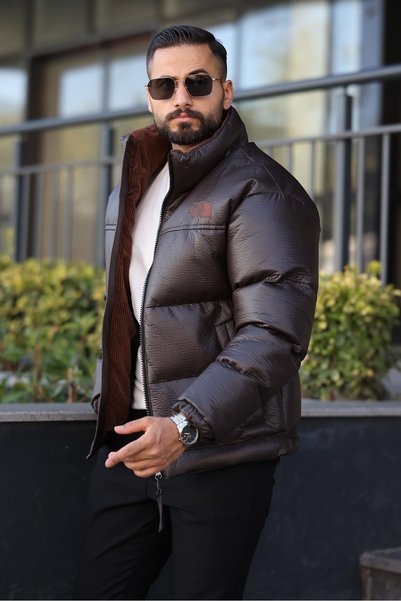 MİS MODA Men's Waterproof and Windproof Winter Puffer Leather Coat