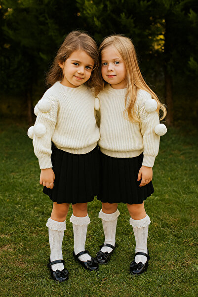 Nimini Kids New Season Flexible Crew Neck Pompom Sweater and Knitwear Pleated Detailed Skirt Top and Bottom Set (2-8 Years Old)