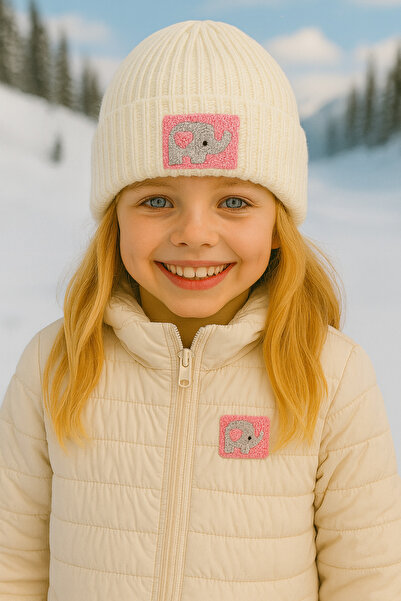 byebruketenci Beretă pentru copii din lână crem cu figurină elefant roz - Det...