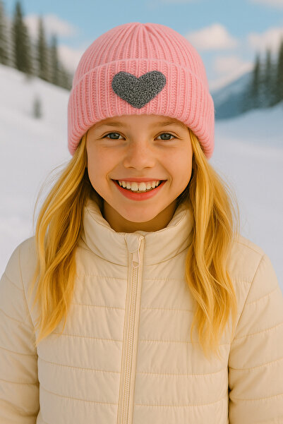 byebruketenci Beretă roz pentru copii și adolescenți, cu model inimă gri cu s...