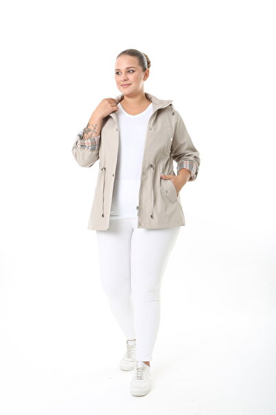 TUTveAL Collection Water Resistant Trench Coat, Hooded, Plaid, Cream Trench Coat Bonded Fabric Trench Coat