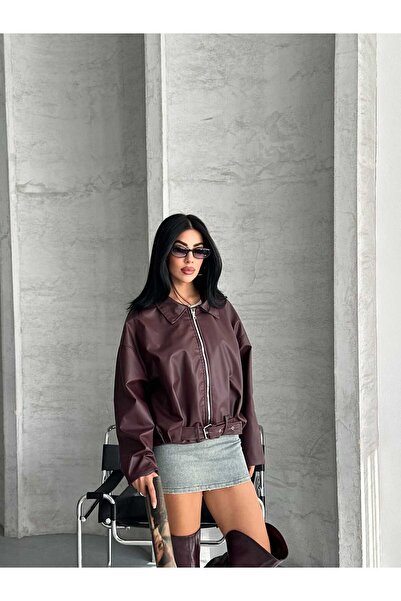 Store PB Kadın Bordo Fermuarlı Kemer Detaylı Oversize Suni Deri Ceket