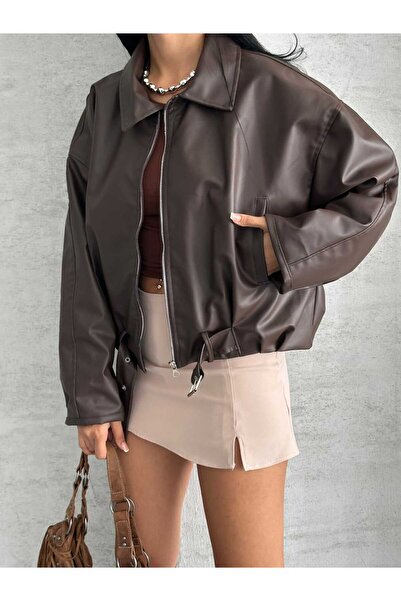 Store PB Kadın Kahverengi Fermuarlı Kemer Detaylı Oversize Suni Deri Ceket