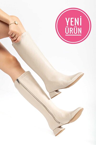 AYAKKABI MEET Siyah Cilt Kadın Kısa Topuklu Çizme Sivri burun