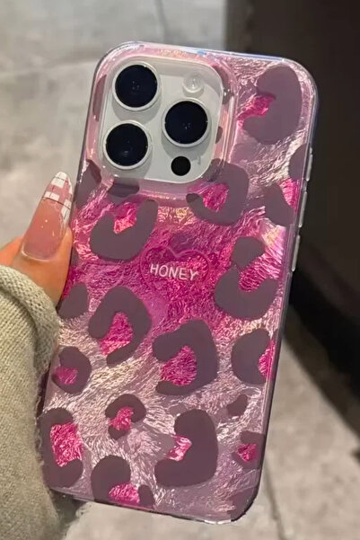 EWEC iPhone 17 Uyumlu Pembe Leopar Desenli Hologramlı Ins Style Imd Premium Telefon Kılıfı