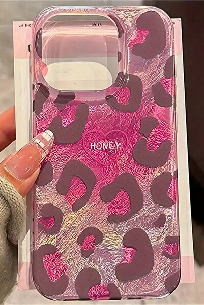 EWEC iPhone 17 Uyumlu Pembe Leopar Desenli Hologramlı Ins Style Imd Premium Telefon Kılıfı
