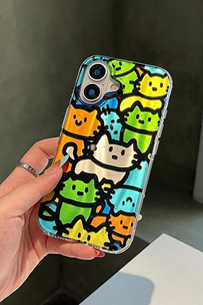 EWEC iPhone 17 Uyumlu Renkli Kedi Temalı Sevimli Ins Style Imd Premium Telefon Kılıfı