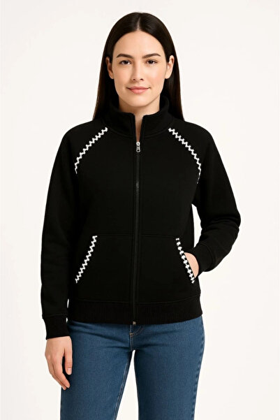 mzpkartan Oversize high neck zippered sweatshirt - kangaroo pocket with chain embroidery, - black