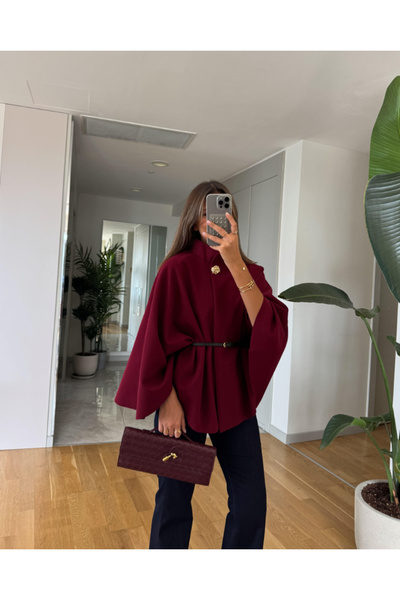 FEMMESTUDIO Women's Burgundy Belted Gold Buttoned Cashmere Textured Poncho