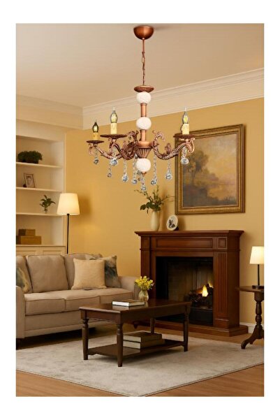 DEDE BEŞ KOLLU KRİSTAL TOP TAŞLI BAKIR KAPLAMALI KREM RENGİ ÇİNİLİ METAL AVİZE