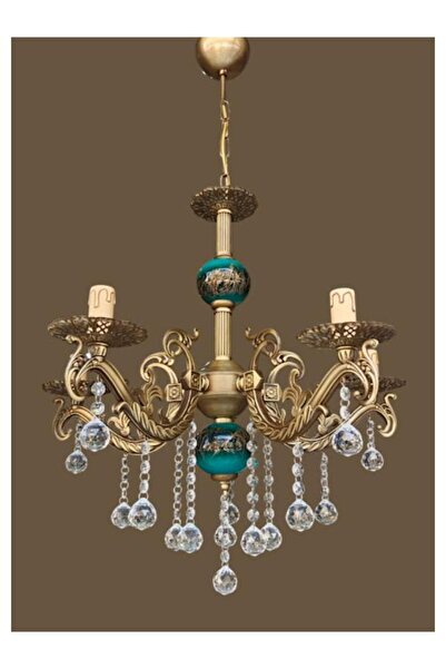 DEDE BEŞ KOLLU KRİSTAL TOP TAŞLI ESKİTME KAPLAMALI MAVİ SİYAH ÇİNİLİ METAL AVİZE