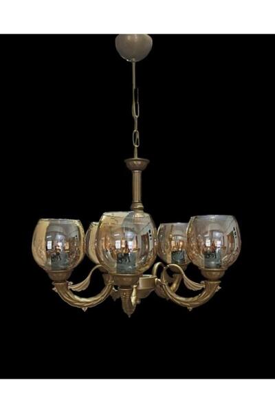 DEDE BEŞ KOLLU RİGA ZAMAK AVİZE ESKİTME STATİK BOYALI BAL RENGİ CAMLI