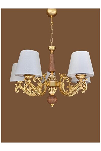 DEDE DOĞAL AHŞAPLI YARIMAT GOLD BOYALI BEŞ KOLLU KREM ŞAPKALI AVİZE