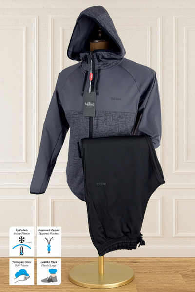 BESSA Füme Scuba Dalgıç Kumaş Kapüşonlu Fermuarlı Cepli Lastikli Paça Erkek Eşofman Takımı