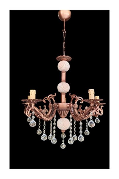 DEDE BEŞ KOLLU KRİSTAL TOP TAŞLI BAKIR KAPLAMALI KREM RENGİ ÇİNİLİ METAL AVİZE