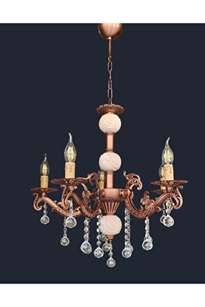 DEDE BEŞ KOLLU KRİSTAL TOP TAŞLI BAKIR KAPLAMALI KREM RENGİ ÇİNİLİ METAL AVİZE
