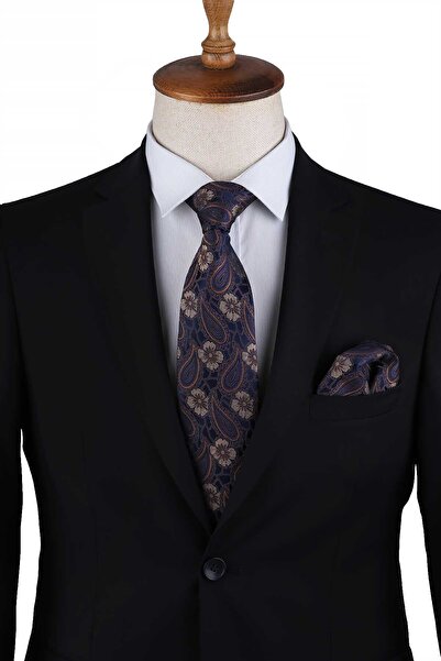 Kravatkolik Lacivert Şal Desen Mendilli Klasik Kravat KK13118