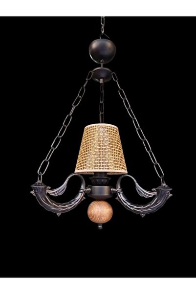 DEDE TEKLİ RİGA AVİZE ZİNCİRLİ SİYAH RATTAN HASIR KAHVERENGİ ŞAPKALI