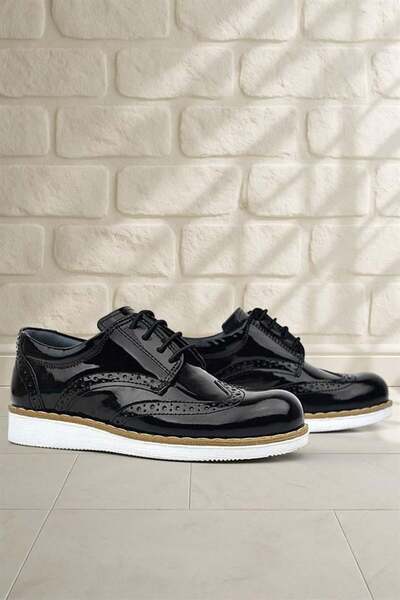 Rakerplus Genuine Leather Black Patent Leather - Lace-Up Boys' Classic Shoes