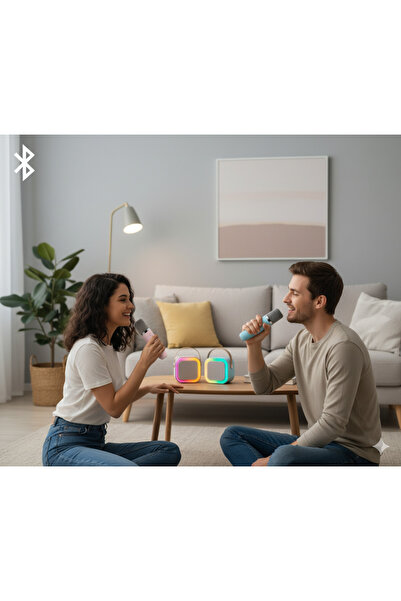 SolinpaTech Çift Karaoke Mikrofonlu Kablosuz Bluetooth RGB Işıklı 5 Ses Efektli Stereo Ses Usb/Sd Hoparlör