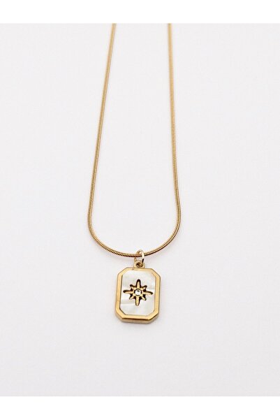 Siya Silver Kararmaz Çelik Kutup Yıldızı Kabartmalı Sedefli Minimal Kolye