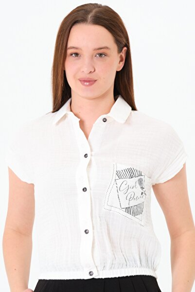 Sortie Collection Cămașă de damă, culoare ecru, cu talie elastică, mâneci scurte, lungime midi, imprimeu buzunar, muselină