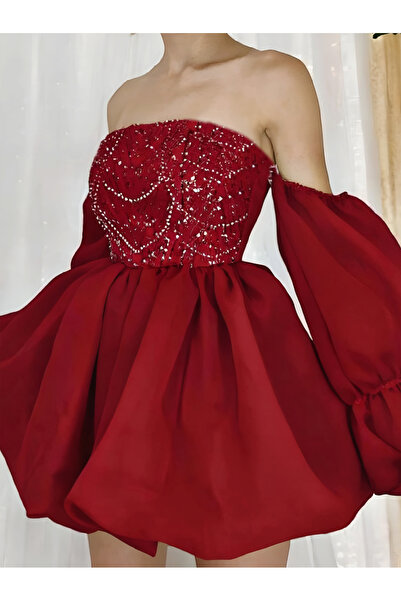 DADUCOLLECTİON Kırmızı balon etek işlemeli karolin abiye party elbisesi