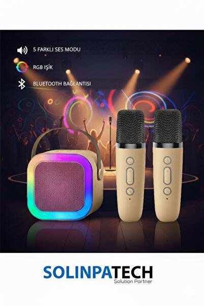 SolinpaTech Çift Karaoke Mikrofonlu Kablosuz Bluetooth RGB Işıklı 5 Ses Efektli Stereo Ses Usb/Sd Hoparlör