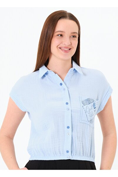 Sortie Collection Cămașă de damă, culoare albastră, cu talie elastică, cu mânecă scurtă, buzunar cu imprimeu lungime midi, din muselină